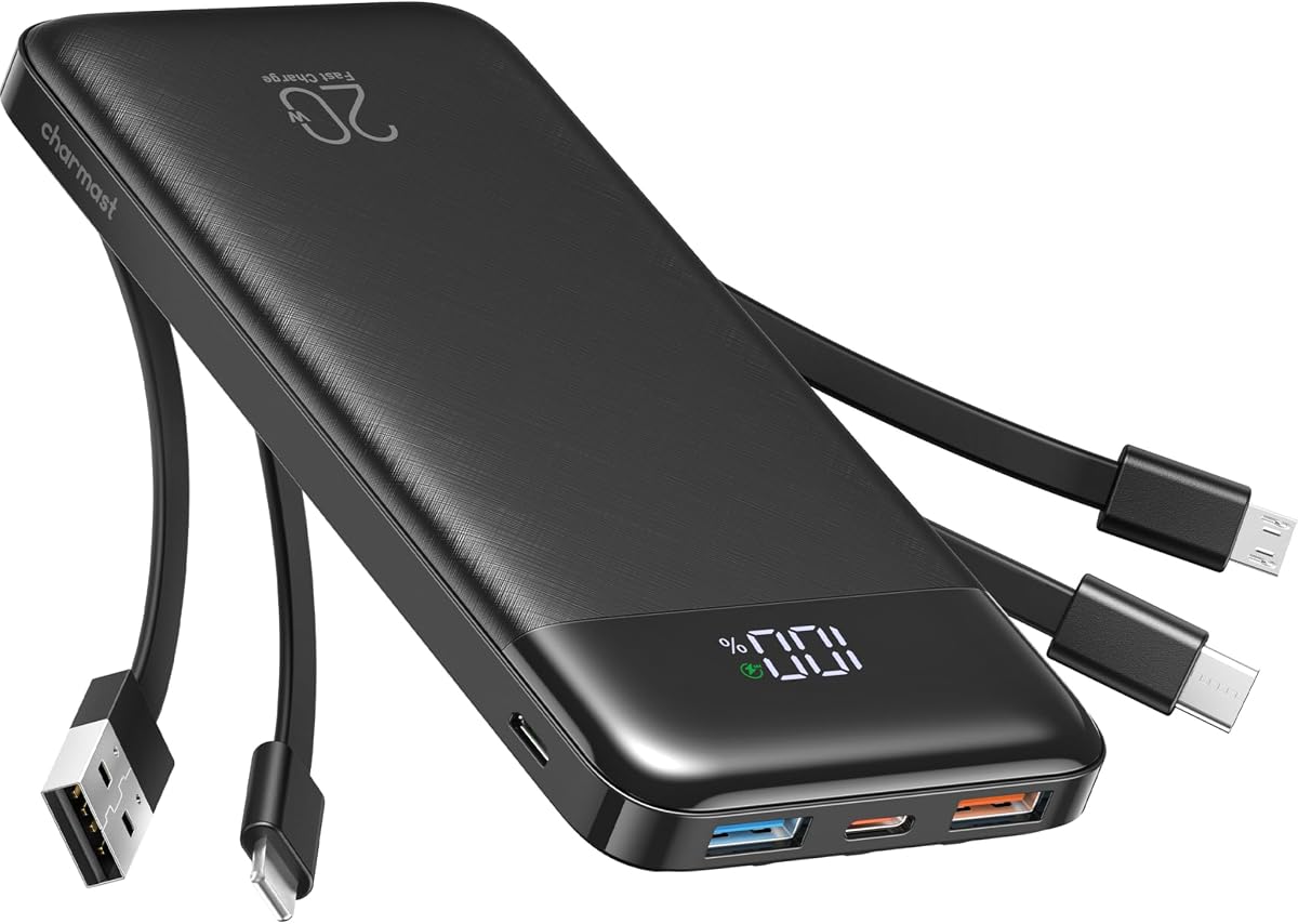 Charmast - Cargador portátil de 20000 mAh con cables incorporados, banco de energía de 22.5W para viajes, cargador rápido, paquete de batería para celular USB C para iPhone 16/15/1