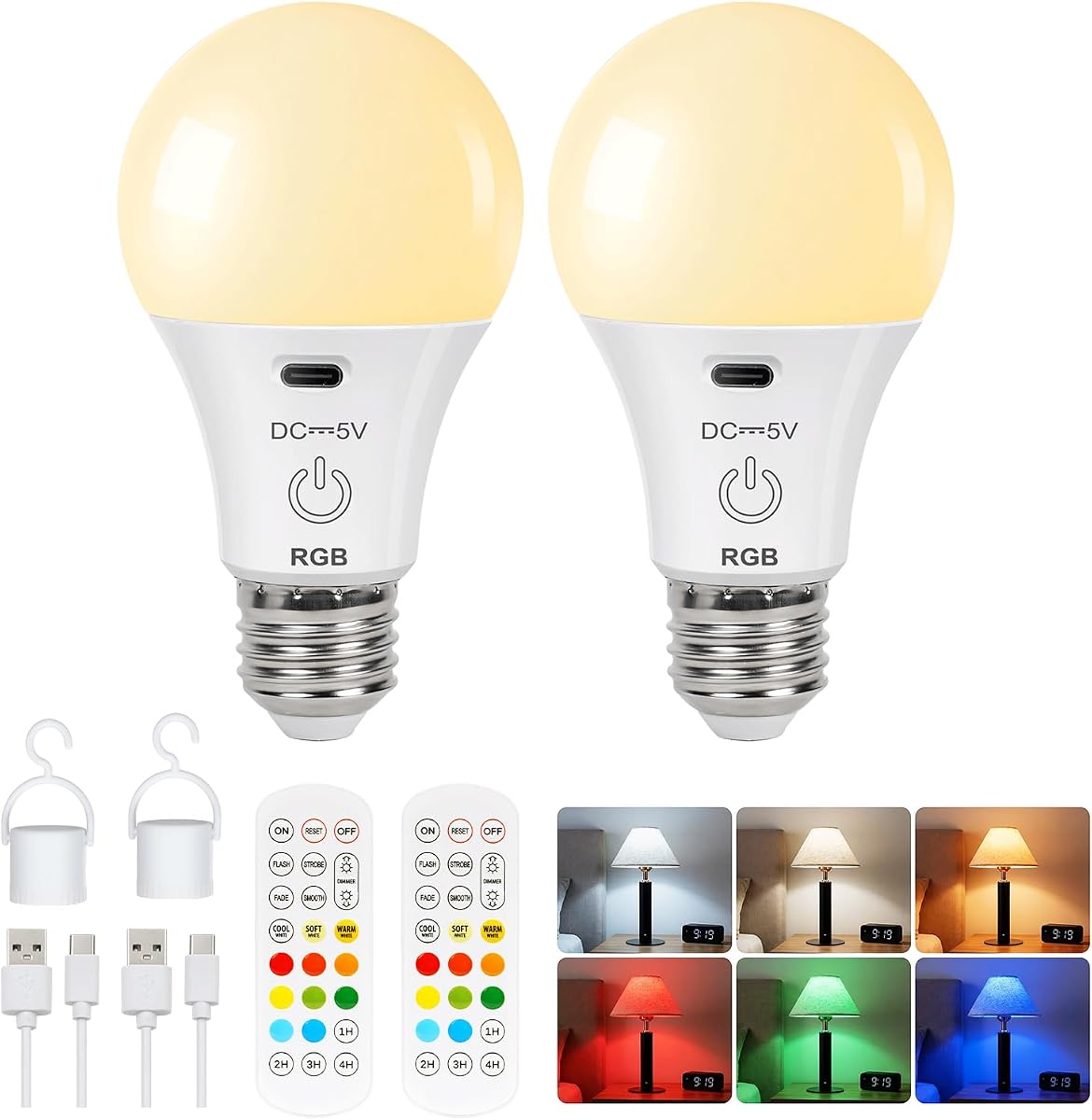 FRIDEKO HOME Bombillas recargables – Bombilla regulable E26 de 2600 mAh con batería con carga USB-C para lámparas - Control táctil - Función de temporizador – Paquete de 2 luces de