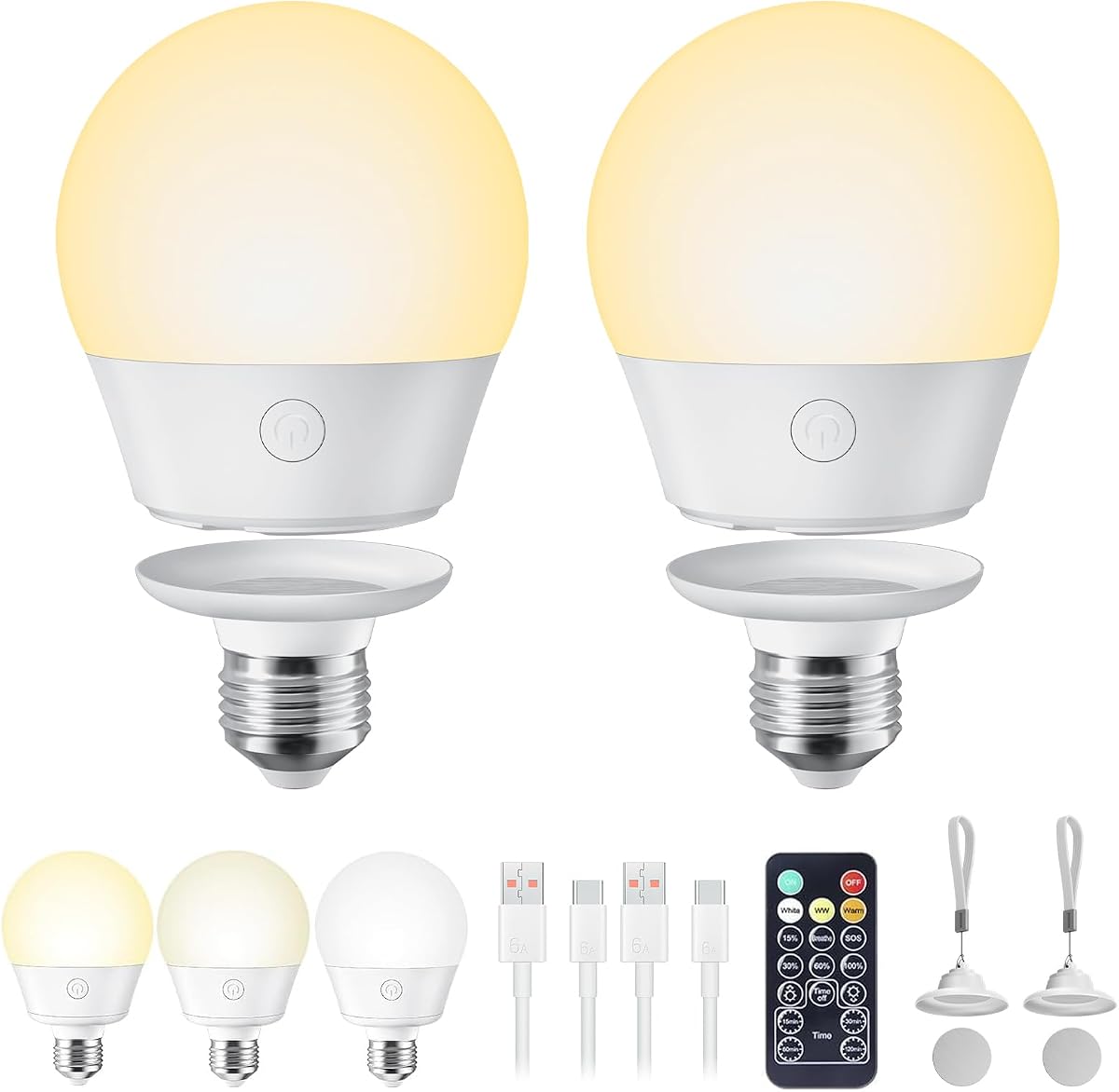 Brightown - Foco recargable E26 con temporizador remoto y 3 temperaturas de color, bombilla con batería de respaldo para apliques y lámparas, E26 con carga desmontable para accesor