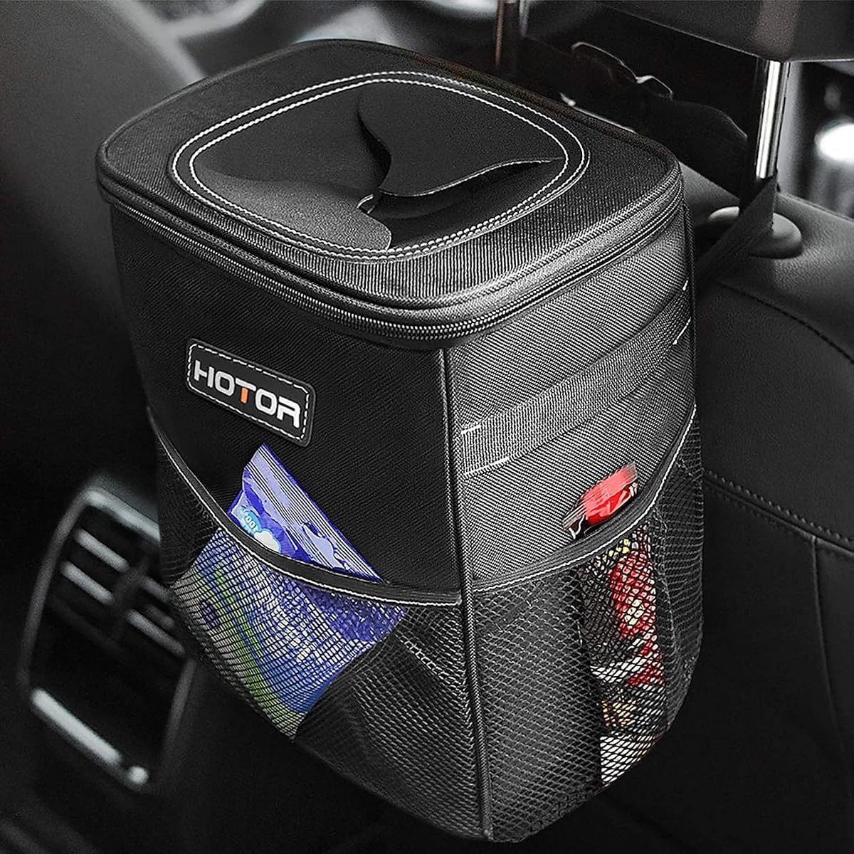 HOTOR - Organizador de auto con tapa y bolsillos de almacenamiento, 100 % a prueba de fugas, resistente al agua, cubo de basura para autos, multiusos. (Negro)
