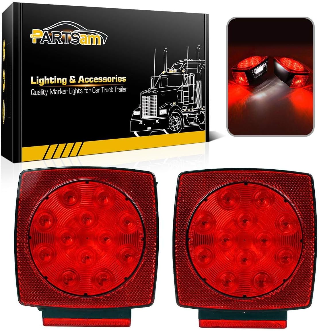 Partsam - Faros LED, impermeables y cuadrados de 12 V para remolques, de color rojo, faros traseros de frenado y direccionales, para iluminar la matrícula, luces diurnas, para remo