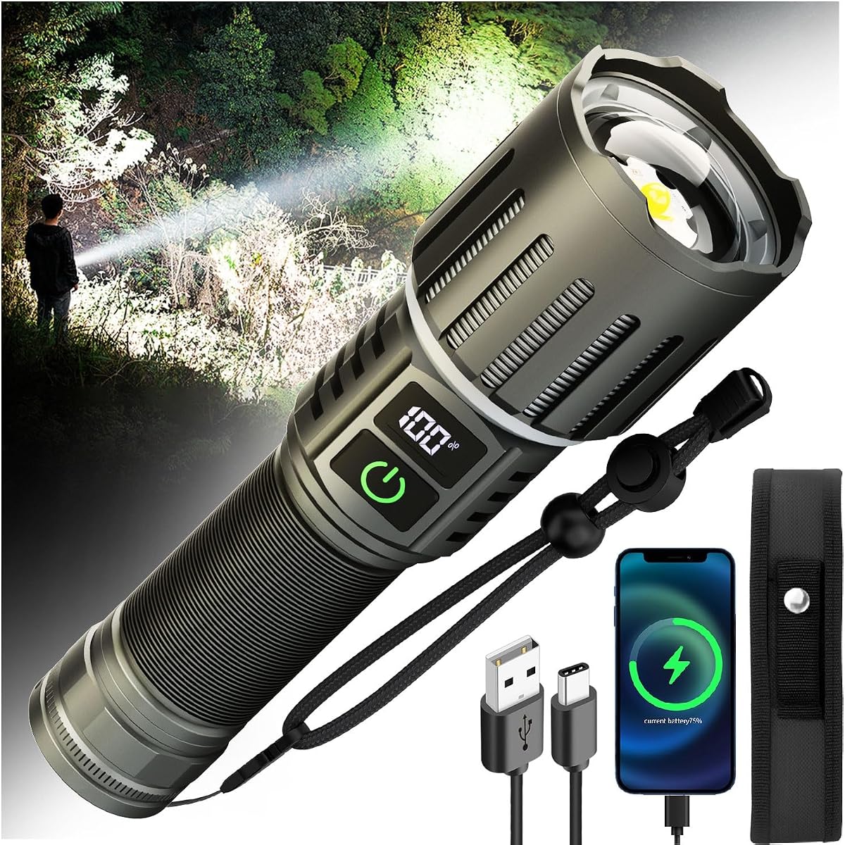 Victoper Linterna recargable, luz de flash zoomable de 5 modos en titanio, linternas brillantes reales de 1500 lúmenes altos, linternas tácticas LED con visualización de potencia p