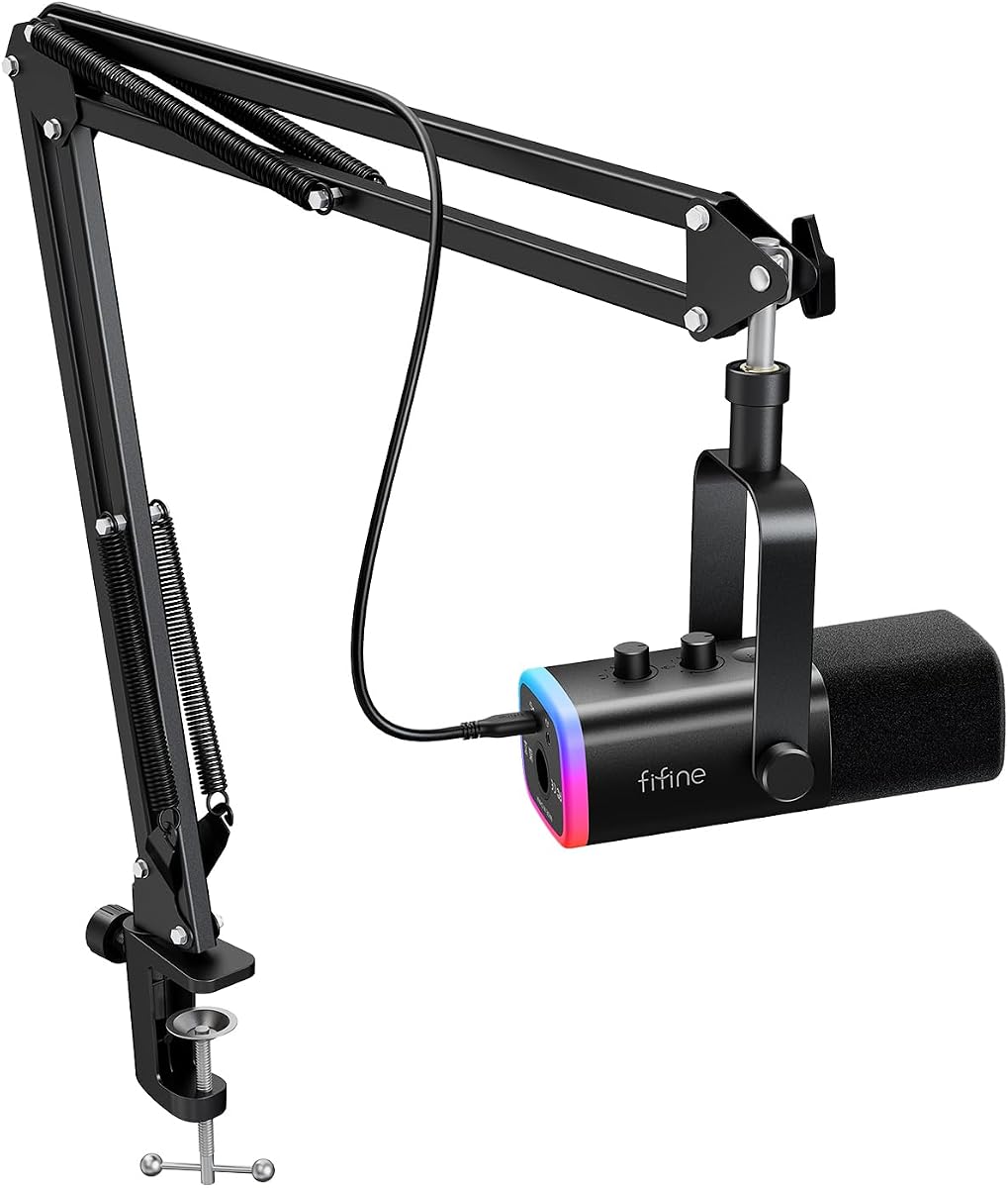 FIFINE - Juego de micrófono XLR/USB para juegos, micrófono dinámico para PC para transmisión y podcast, kit de micrófono RGB para computadora con soporte de brazo articulado