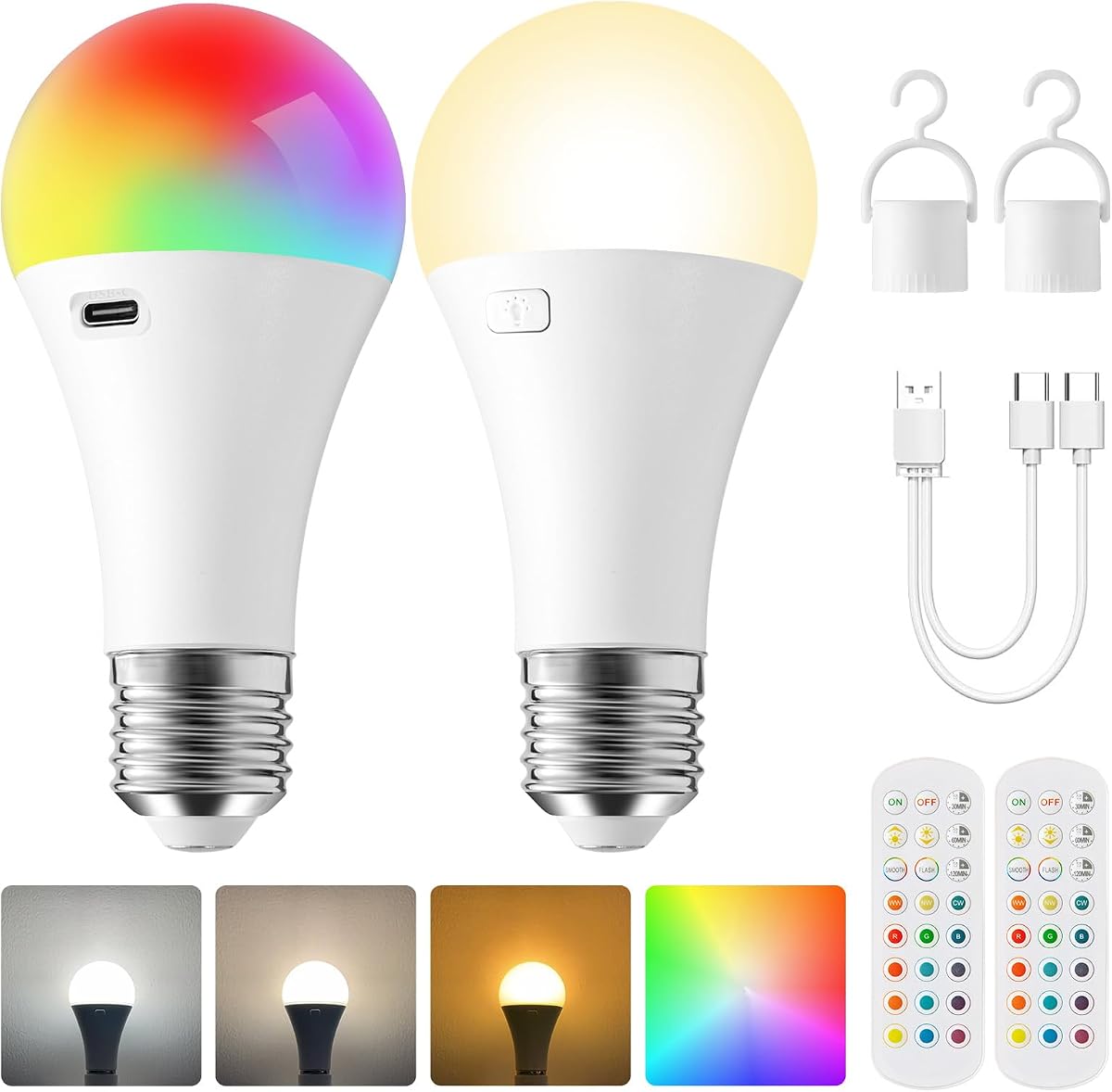 Paquete de 2 bombillas recargables E26 con control remoto, bombilla equivalente a 40 W A19, luz blanca cálida suave 2700 K, 400 lm regulable 5 W bombilla LED con 15 colores