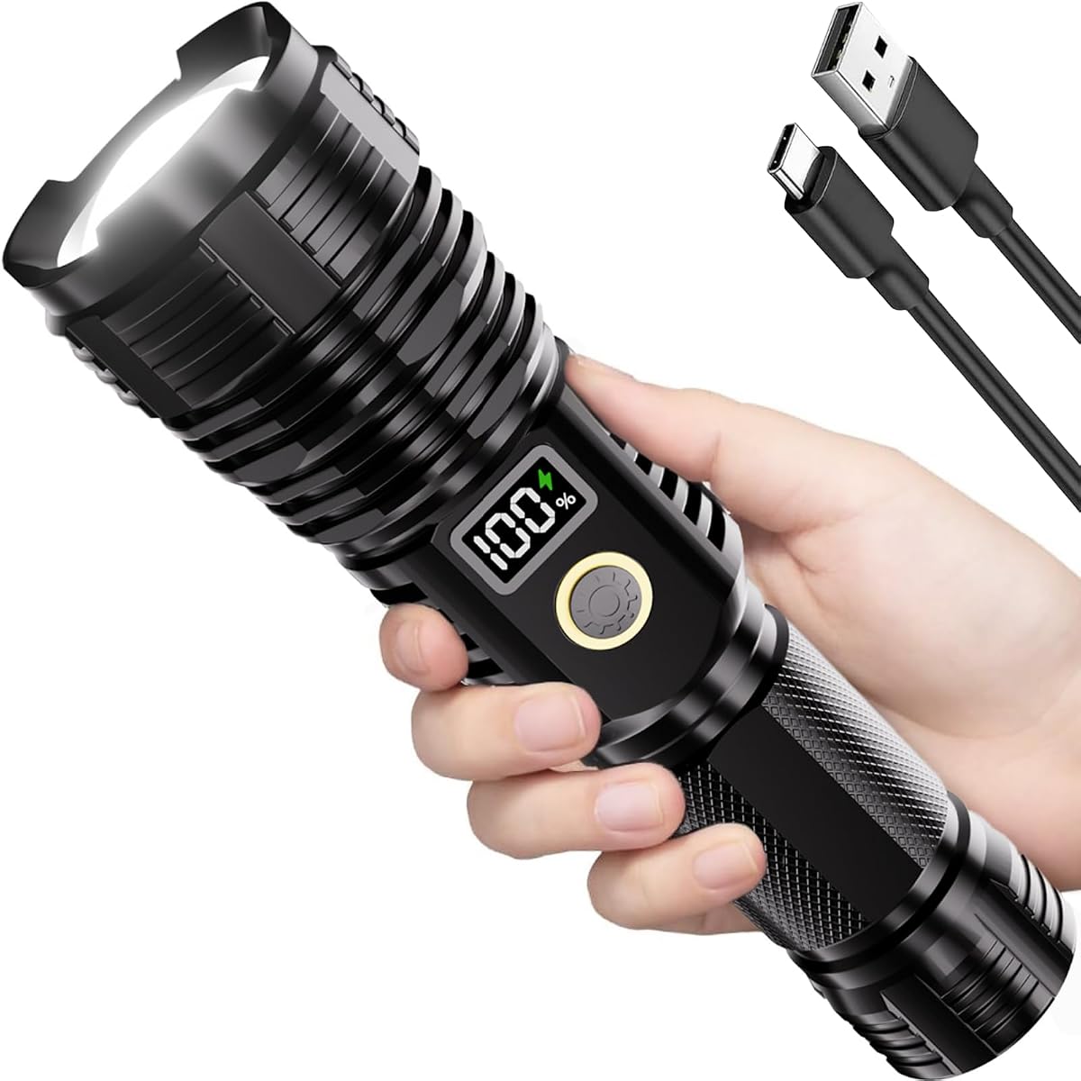 Linternas recargables de alto lúmenes, 10000 lm LED súper brillante, linternas con zoom con pantalla digital LCD, 5 modos, impermeable, potente linterna táctica para emergencias, c