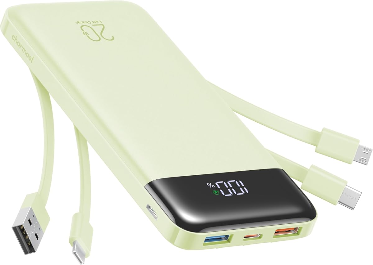 Charmast Cargador portátil de 20000mAh con cables incorporados, banco de energía de 22.5W de carga rápida para viajes, paquete de batería para celular USB C para iPhone 16/15/14/13