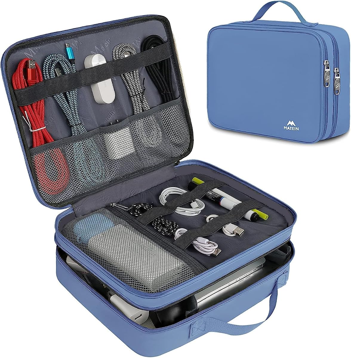 Matein Organizador de Electrónica, Bolsa Organizadora de Cables para Accesorios Electrónicos con Asa para Cable, Cordón, Tableta, Cargador, Teléfono, Estuche Tecnológico de Doble C