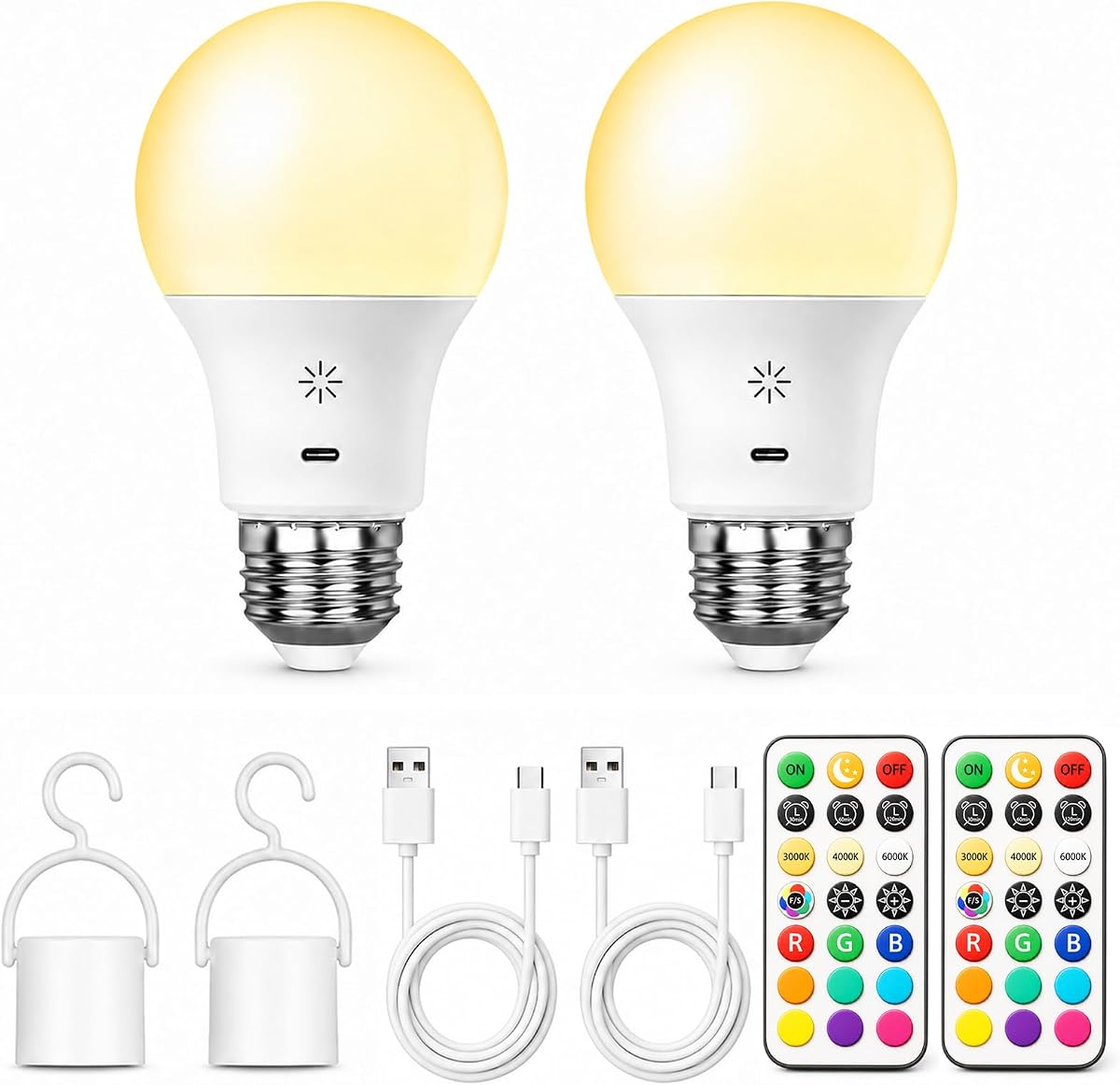 Bombillas LED recargables con control remoto y táctil regulable, bombilla E26 funciona con pilas para lámparas, RGB 12 colores, 2600 mAh USB batería de reserva bombilla con tempori
