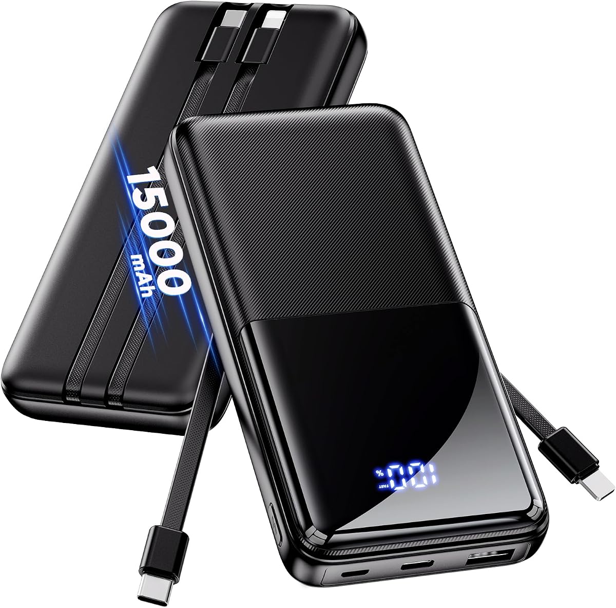 Cargador portátil de batería – Batería delgada de 15000 mAh 50% más grande, USB C 22.5 W carga rápida Powerbank con cable integrado, cargador de teléfono esencial de viaje para iPh