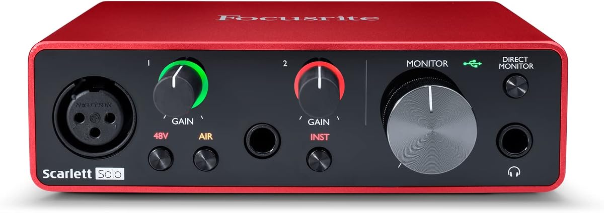 Focusrite Scarlett Solo - Interfaz de audio USB de 3ª generación para guitarristas, vocalistas, podcasters o productores para grabar y reproducir sonido de calidad de estudio
