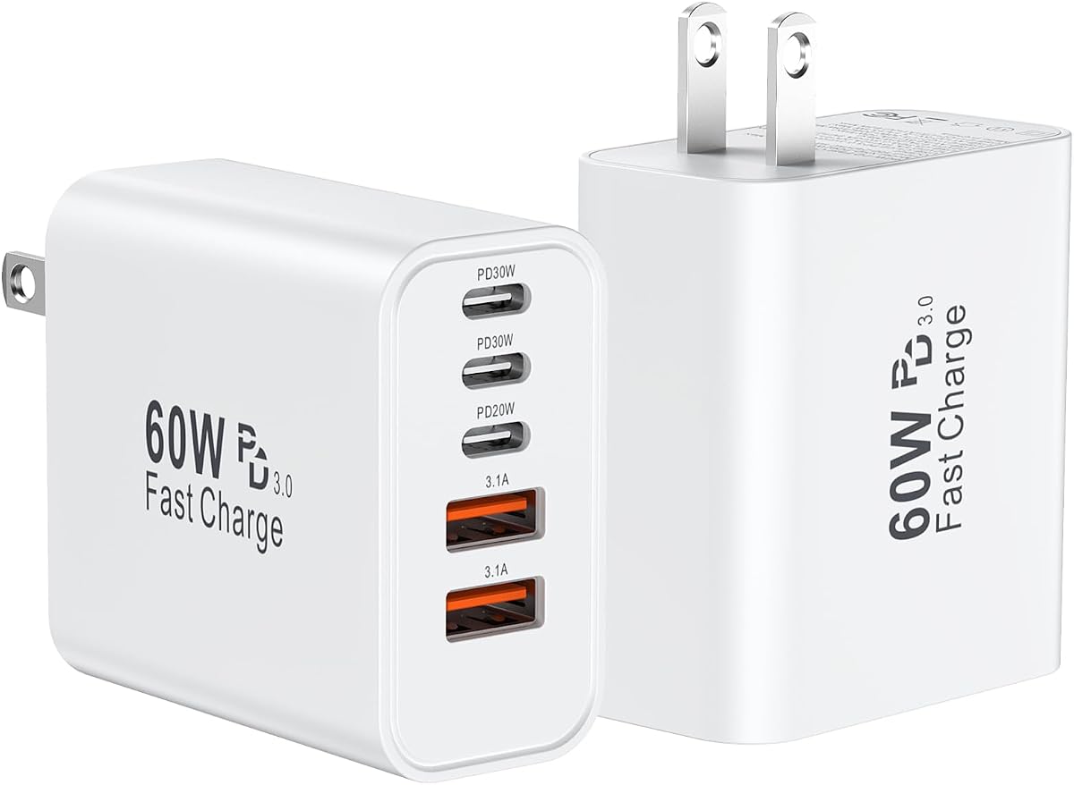 Bloque de cargador rápido USB C, enchufe de cargador de pared USBC de 60 W, paquete de 2 cubos de carga de teléfono tipo C de 5 puertos tipo C, adaptador de corriente multipuerto d