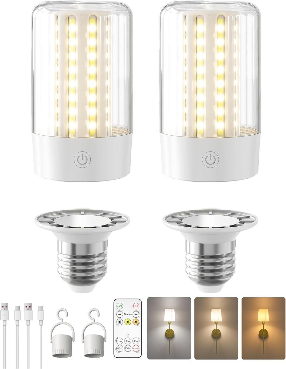 EZVALO Bombilla recargable E26 con control remoto y temporizador, bombilla de respaldo de batería para apliques y lámparas, bombillas magnéticas para accesorios sin cableado