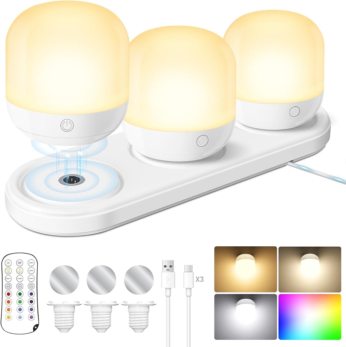 Juego de bombillas recargables a pilas con estación de carga magnética 3 en 1 y control remoto, bombilla LED desmontable inalámbrica regulable con 15 colores seleccionables para ap
