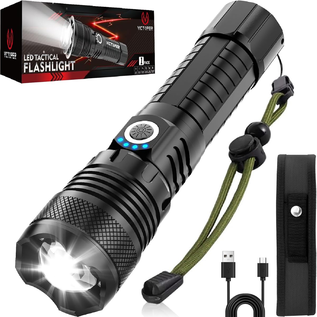 Linternas LED Victoper, linterna táctica recargable de alta potencia y alto lúmenes súper brillante, 5 modos, con zoom, impermeable, luces de flash portátiles para emergencia, exte