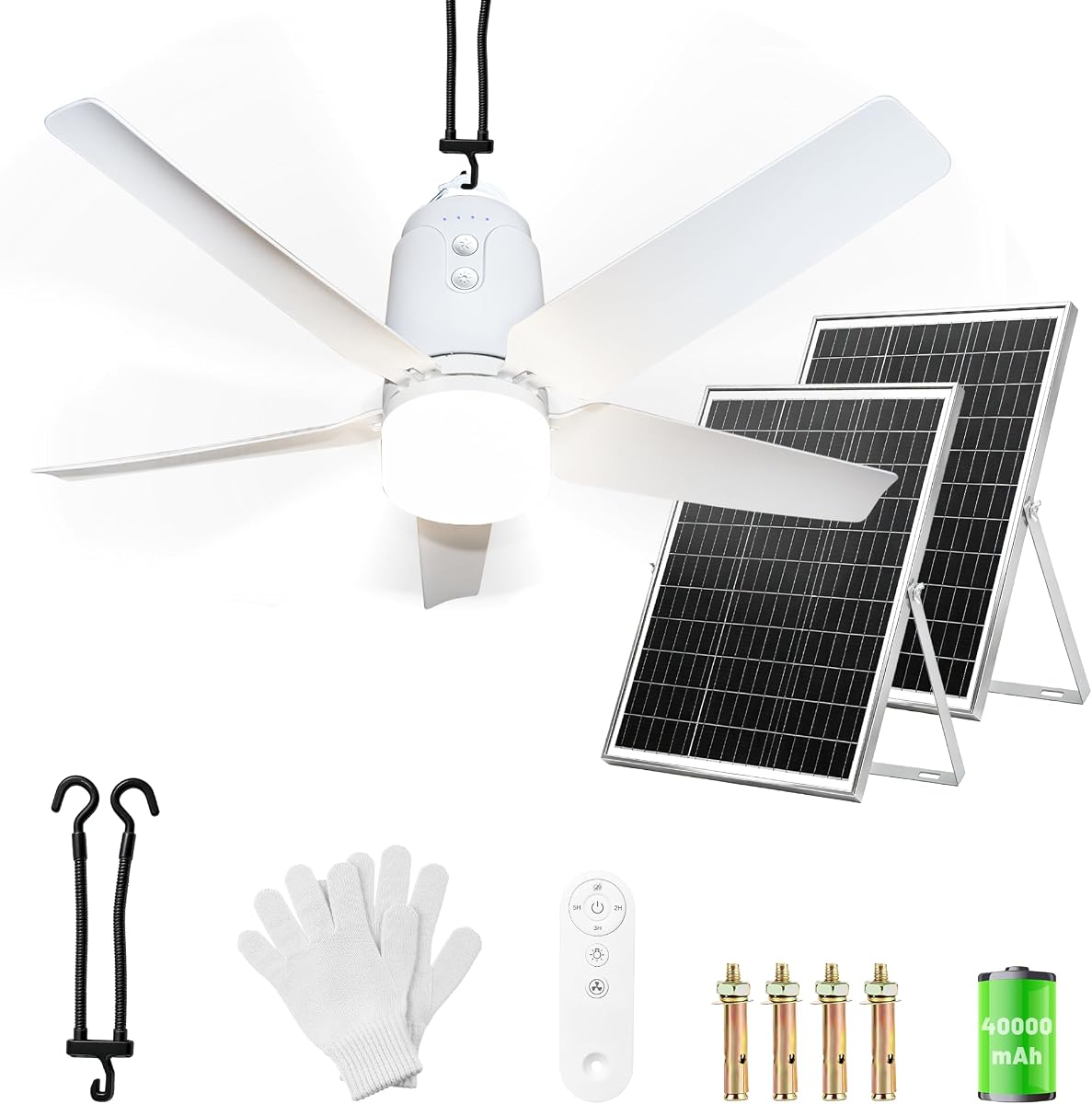 SHUNLEE Ventilador de techo solar para exteriores de 31.5 pulgadas, ventilador de glorieta portátil de 60 W con control remoto y gancho, LED de 3000 K-6000 K, ventilador de toldo c