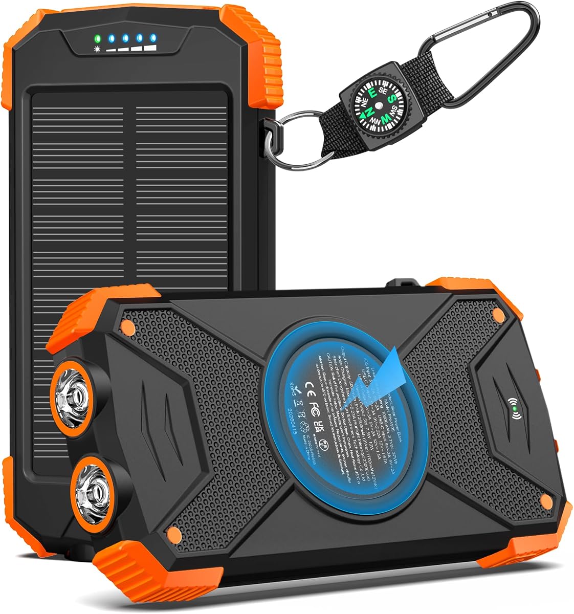 Blavor - Paquete de batería externa solar, cargador inalámbrico Qi de 10,000 mAh, entrada y salida tipo C, linterna doble superbrillante, brújula con mosquetón, carga con panel sol