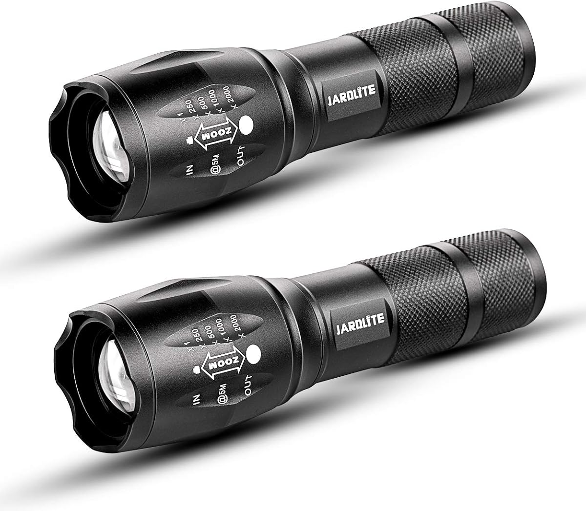 JARDLITE linterna LED de emergencia de mano con enfoque ajustable, resistente al agua, 5 modos, la mejor linterna táctica para emergencias, camping y pesca, 2 unidades