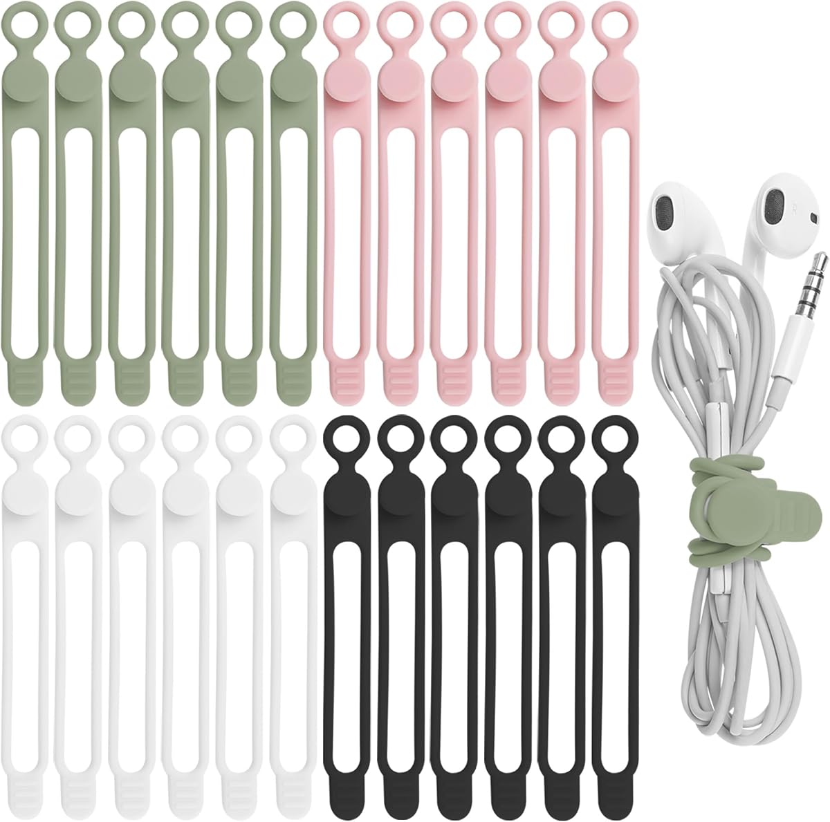 24 bridas reutilizables de silicona para cables, organizador para atar cables de auriculares, cargador de teléfono y computadora, en el hogar, oficina, cocina y escuela (4 colores)