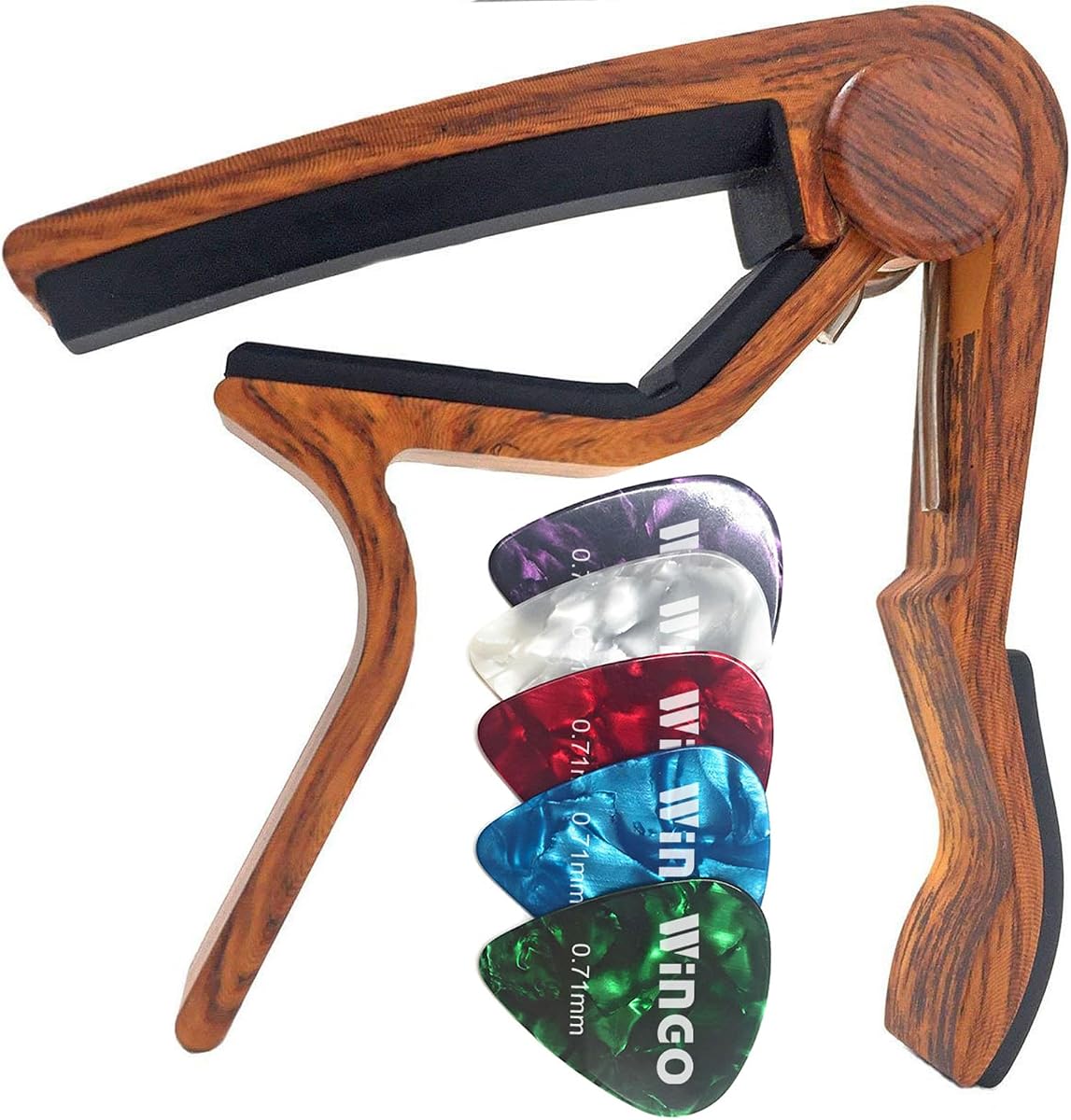 WINGO Cejilla de guitarra para guitarras acústicas y eléctricas, color palo de rosa con 5 púas