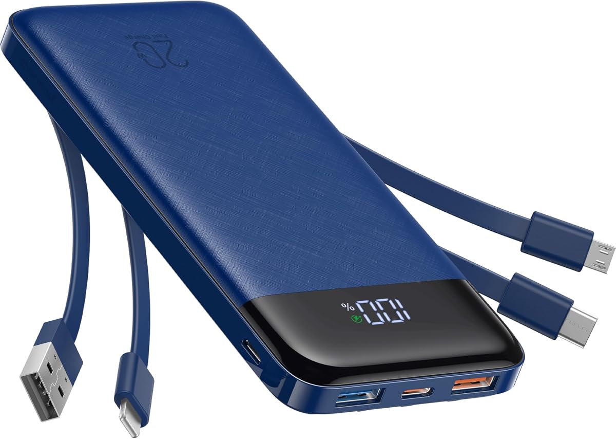 Charmast Cargador portátil de 20000mAh con cables incorporados, banco de energía de viaje de 22.5W con carga rápida, paquete de batería para celular USB C para iPhone 16/15/14/13/1