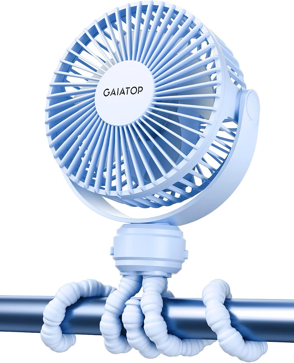 Gaiatop - Mini ventilador portátil para cochecito, ventilador pequeño con clip, color azul - Battery Operated Detachable, 3 Speed Rechargeable, 360° Rotate Flexible Tripod, Cooling