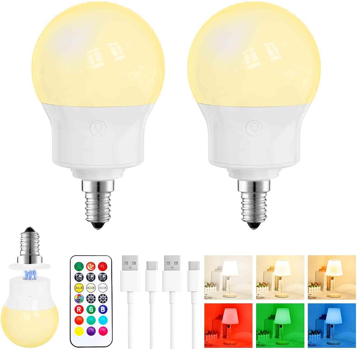 Bombillas LED recargables con control remoto, bombilla magnética regulable E12 a batería, 12 colores RGB, 480LM equivalente a 40W, 3 temporizadores, para apliques