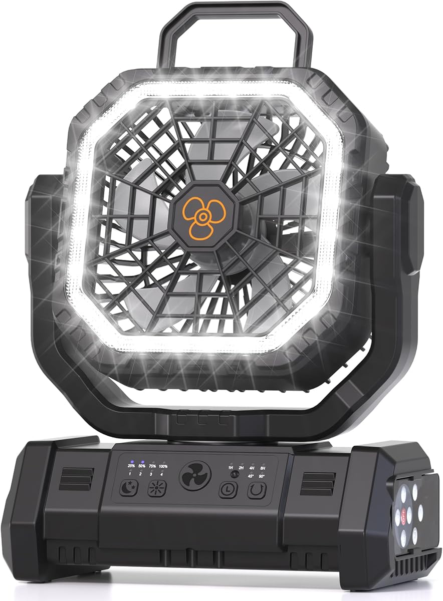 Honesorn - Ventilador de camping recargable de 20000 mAh con LED y control remoto de luz, color negro - Up to 60H Runtime, 45°/90°Oscillating, Hanging Hook, 4 Speeds, 8H Timer, USB