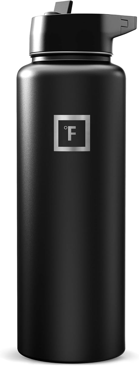 IRON °FLASK Frasco de hidratación para acampar y senderismo con pajilla, botella de agua deportiva de acero inoxidable con aislamiento de boca ancha, 40 onzas, negro medianoche - I
