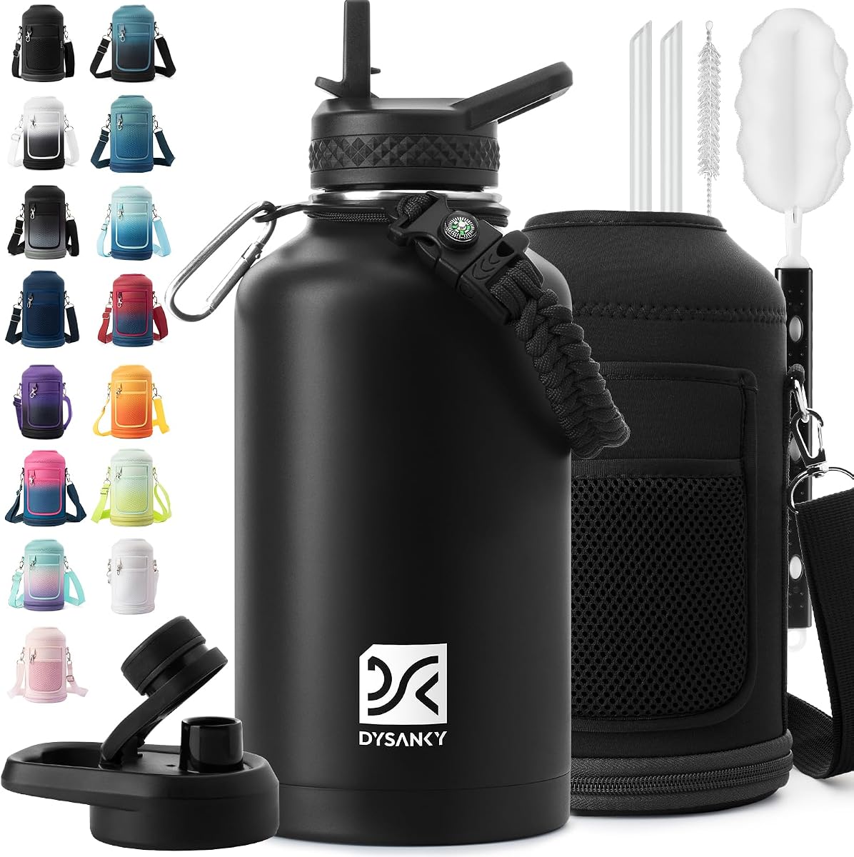 DYSANKY Botella de agua aislada - Metal al vacío de acero inoxidable grueso - Jarra de agua portátil grande de medio galón para gimnasio y senderismo con pajilla, bolsa de transpor