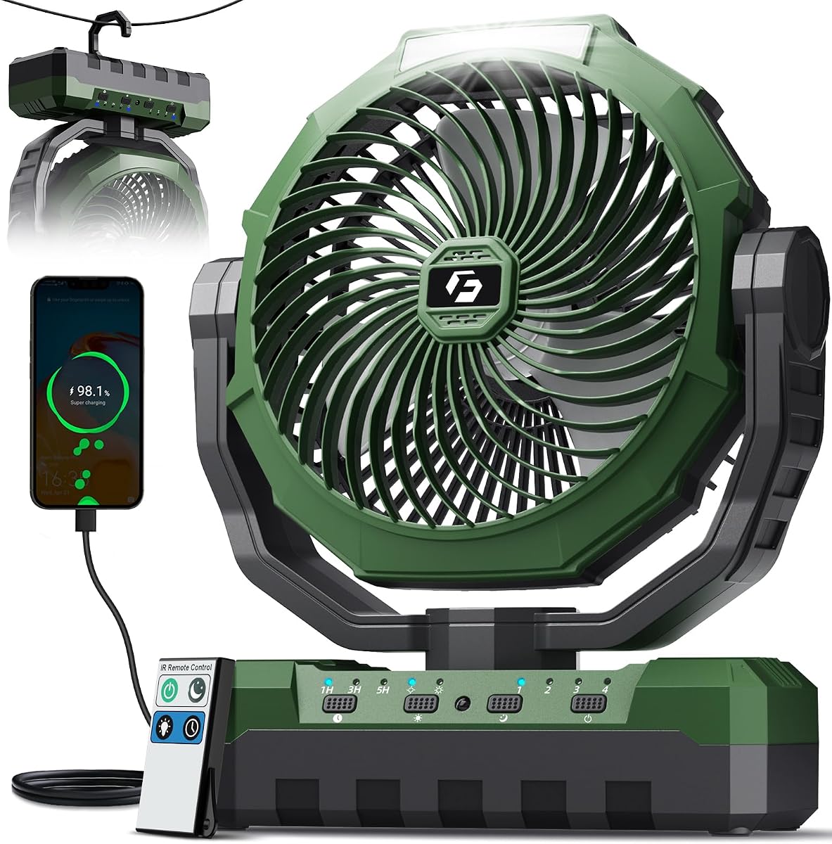 FRIZCOL Ventilador de campamento 3 en 1 – Ventiladores portátiles recargables – Ventilador alimentado por batería de 24000 mAh con luz y control remoto para interiores, exteriores,