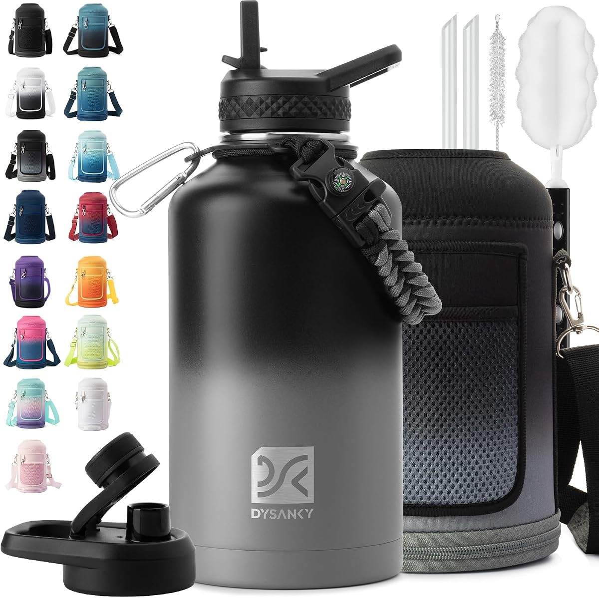 DYSANKY Botella de agua aislada al vacío, de acero inoxidable grueso, deportiva, portátil, para gimnasio y senderismo, con popote, bolsa de transporte, correa de asa, sin bisfenol