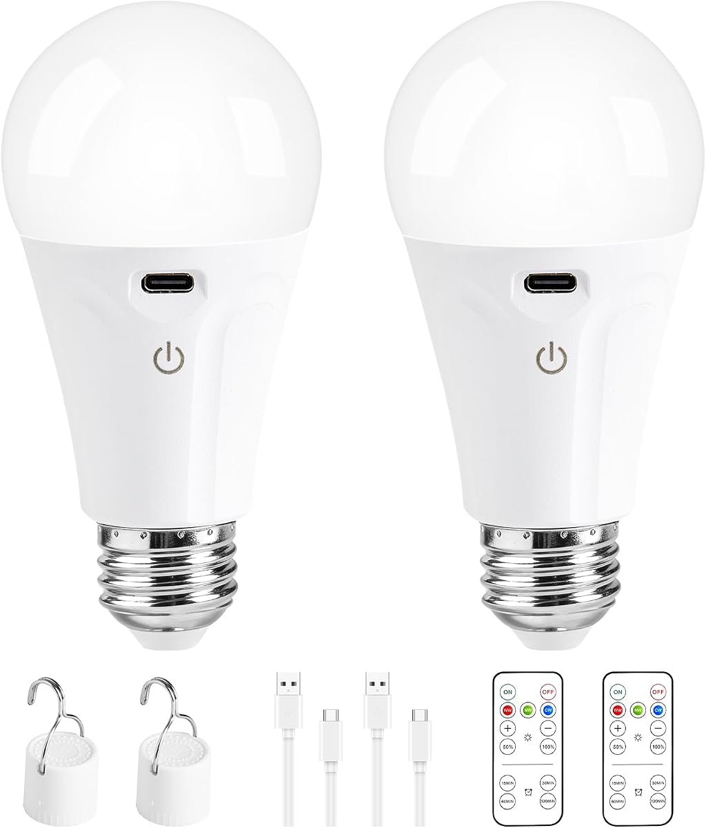 Powfloven Bombillas recargables con control remoto y carga USB; bombilla regulable a pilas con 3 colores y 4 temporizadores; bombillas inalámbricas A19 para aplique de pared sin ca