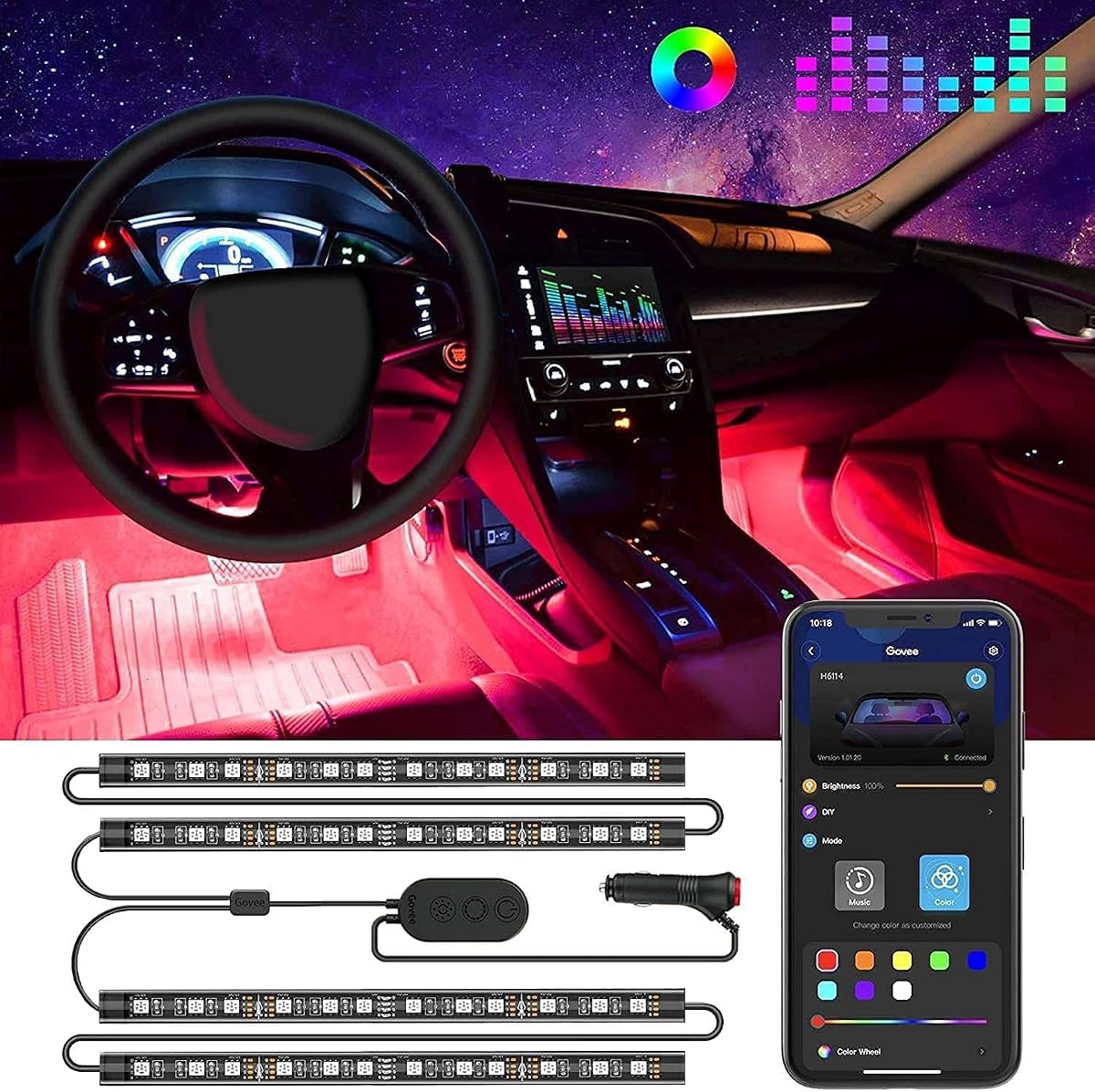 Govee - Luces para interior de auto, tira de luz Led para auto, diseño de dos líneas, impermeables, 4 unidades de 48 ledes, controlador de aplicaciones, kit de iluminación, multico