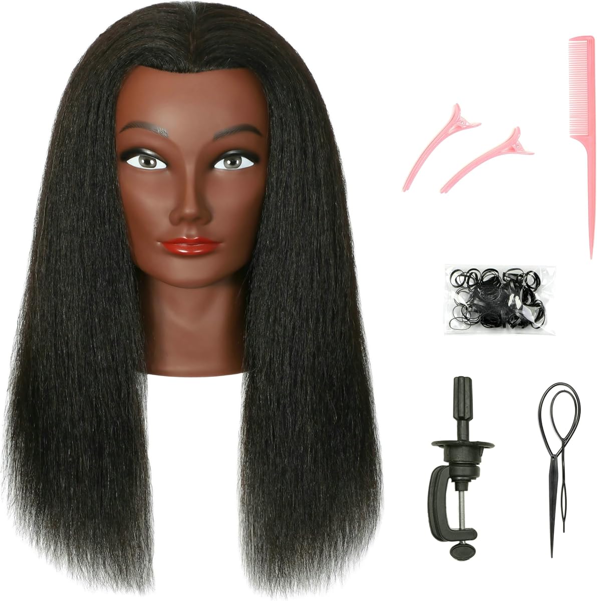 FUTAI Maniquí de cabello humano con cabeza de maniquí para trenzar y peinar con soporte - Real 100% cabello humano estilo muñeca afroamericana entrenamiento cabeza práctica cosmeto