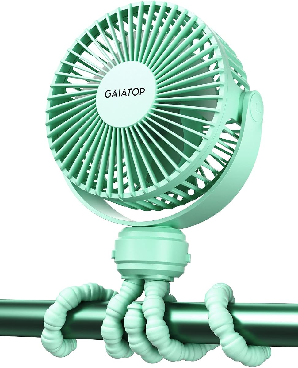 Gaiatop - Mini ventilador portátil para cochecito, ventilador pequeño con clip, color verde - Battery Operated Detachable, 3 Speed Rechargeable, 360° Rotate Flexible Tripod, Coolin