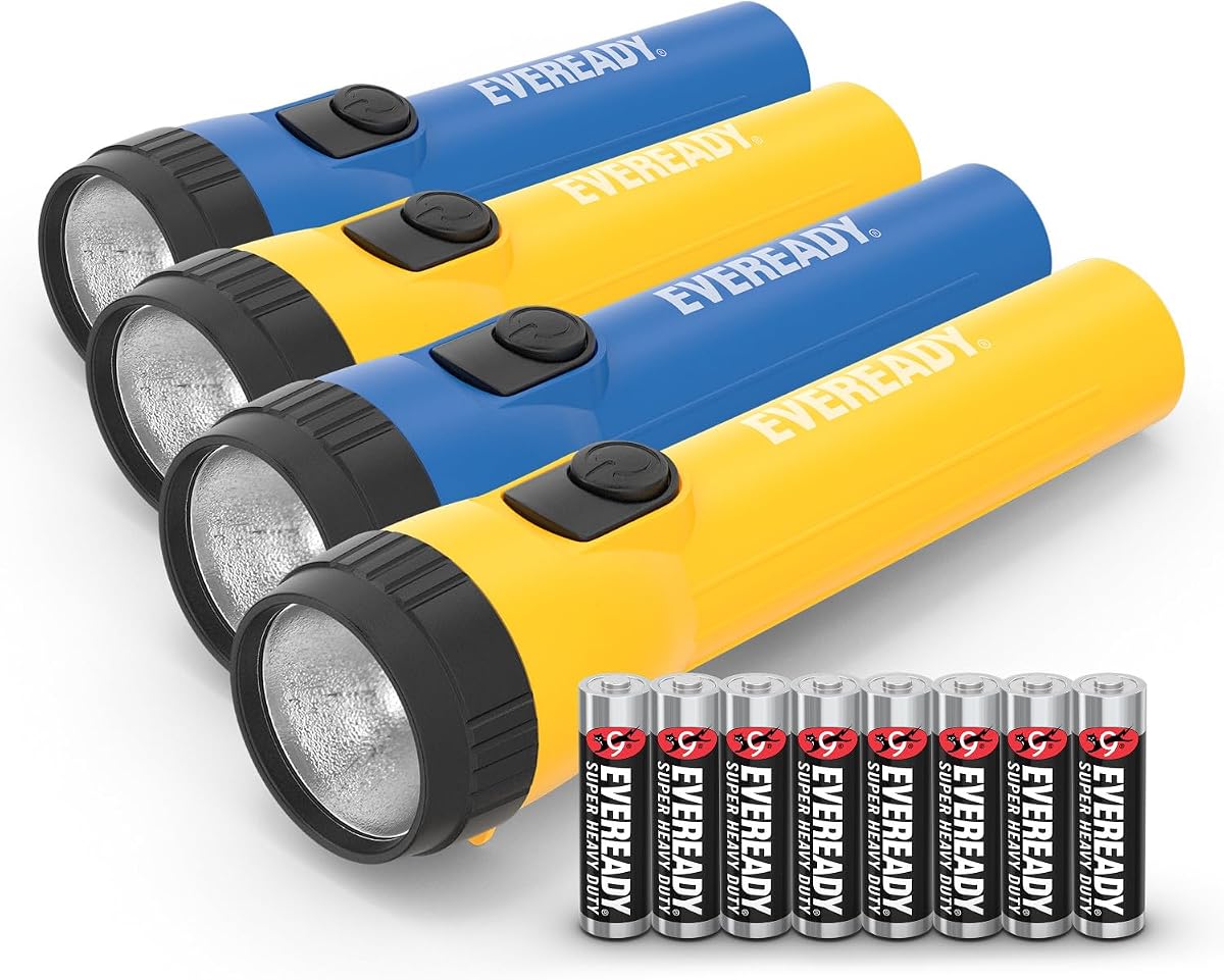 Linternas LED EVEREADY (paquete de 4), linternas brillantes para emergencias y equipo de camping, linterna con pilas AA incluidas, azul/amarillo (paquete de 4)