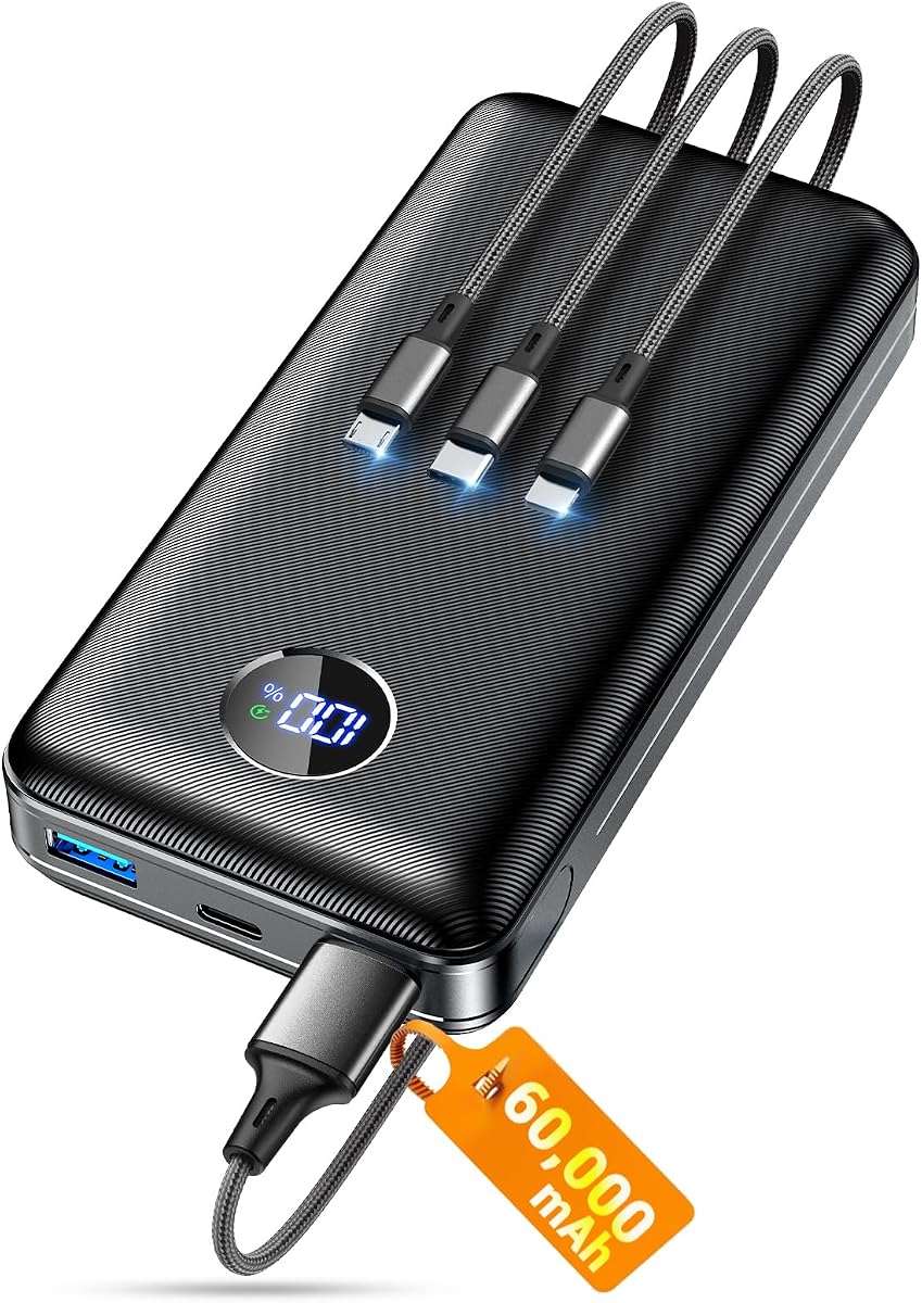 Cargador Portátil Banco de Energía, Paquete de Batería de 60000mAh con Cable USB-C/iOS/Micro-USB 3 en 1, Carga Rápida de 22.5W Cargador de Teléfono Portátil, Banco de Energía Esenc