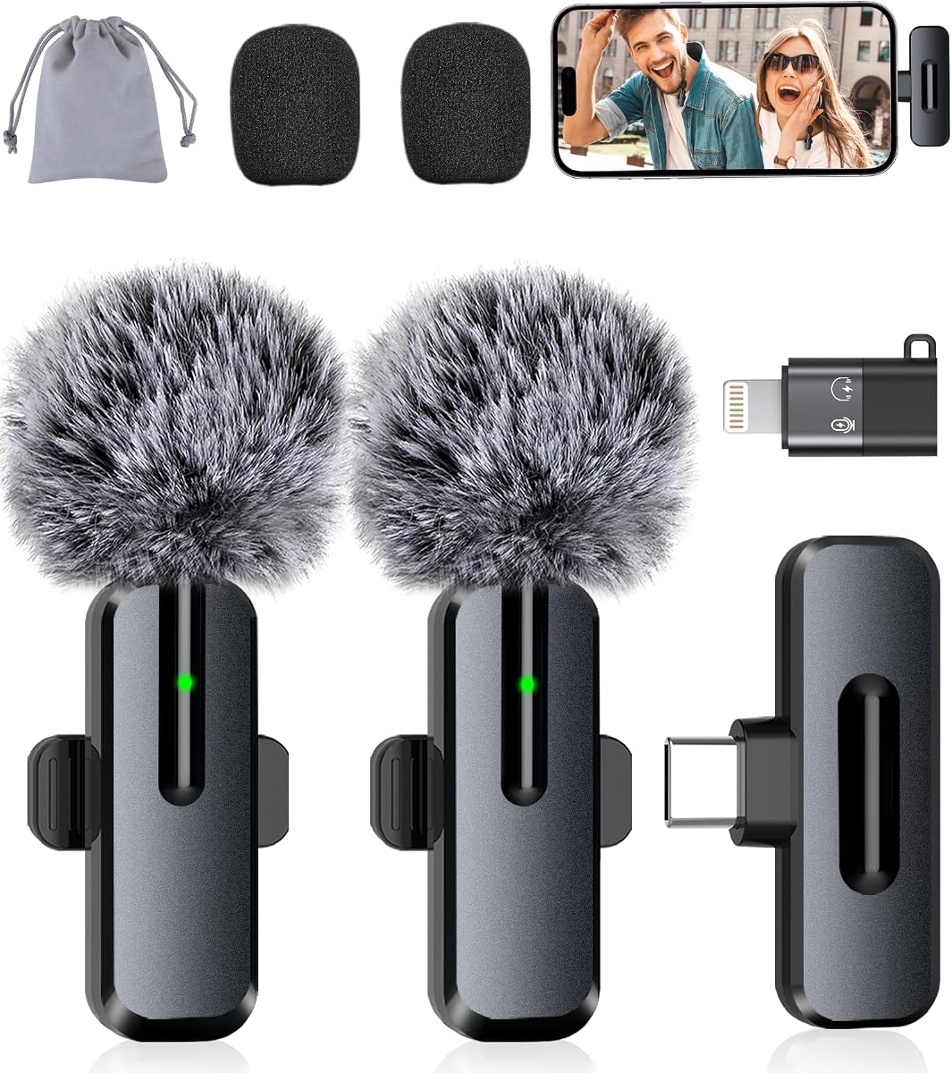 Mini micrófono inalámbrico para iPhone, paquete de 2 micrófonos Lavalier para grabación de video, micrófono de solapa con reducción de ruido 2 en 1 para iPad, Android, mini micrófo