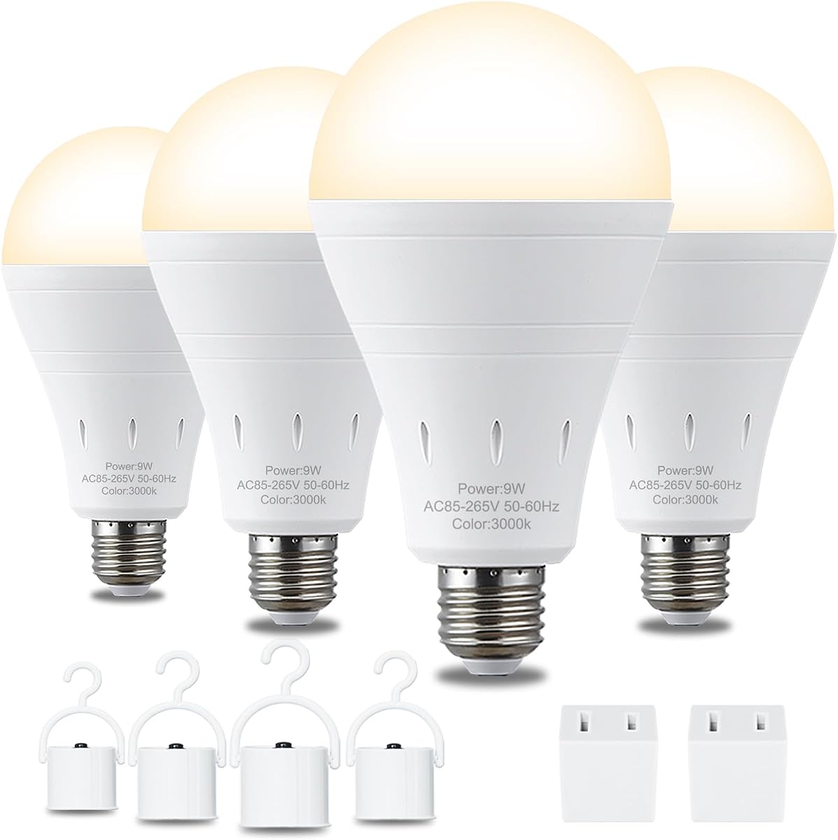DEBAOBULB Paquete de 4 bombillas de emergencia recargables, bombilla LED alimentada por batería, 3000 K, cálida E26, 120 voltios, 9 W, 60 W, equivalente a 1200 mAh para cortes de e