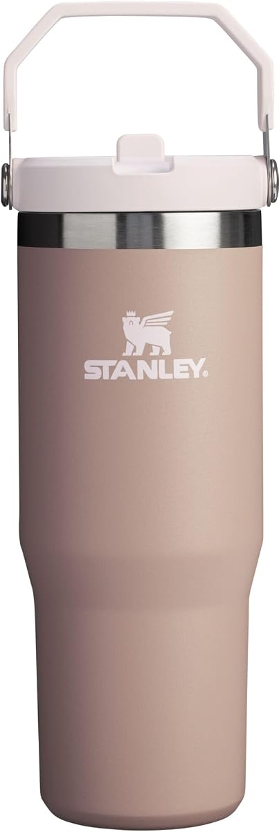 Stanley IceFlow - Vaso con pajilla abatible con asa, 30 onzas, tapa giratoria y popote abatible, botella de agua resistente a fugas, acero inoxidable aislado sin BPA, rosa almendra