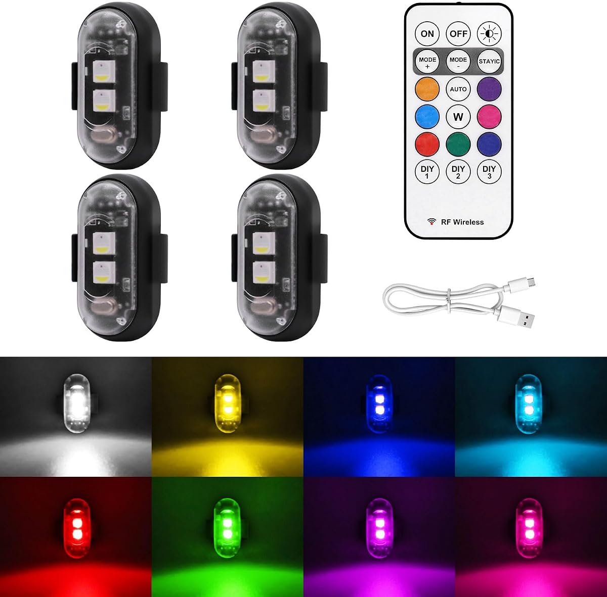 4 piezas de luces estroboscópicas LED inalámbricas con control remoto, 8 colores, carga USB, impermeables, luces de advertencia de emergencia anticolisión para coche, motocicleta,