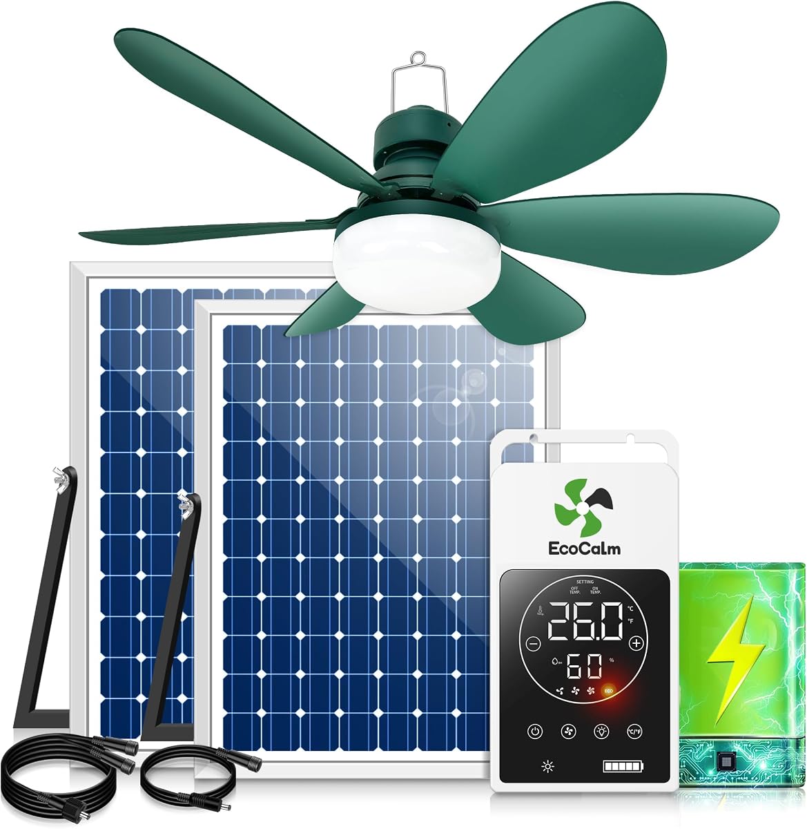 Ventilador de techo solar con modo de termostato inteligente para exteriores - 20" Solar Powered Canopy Fan, 2PCS Bifacial Panels, for Gazebo, Patio, Greenhouse, Chicken Coop, Adju