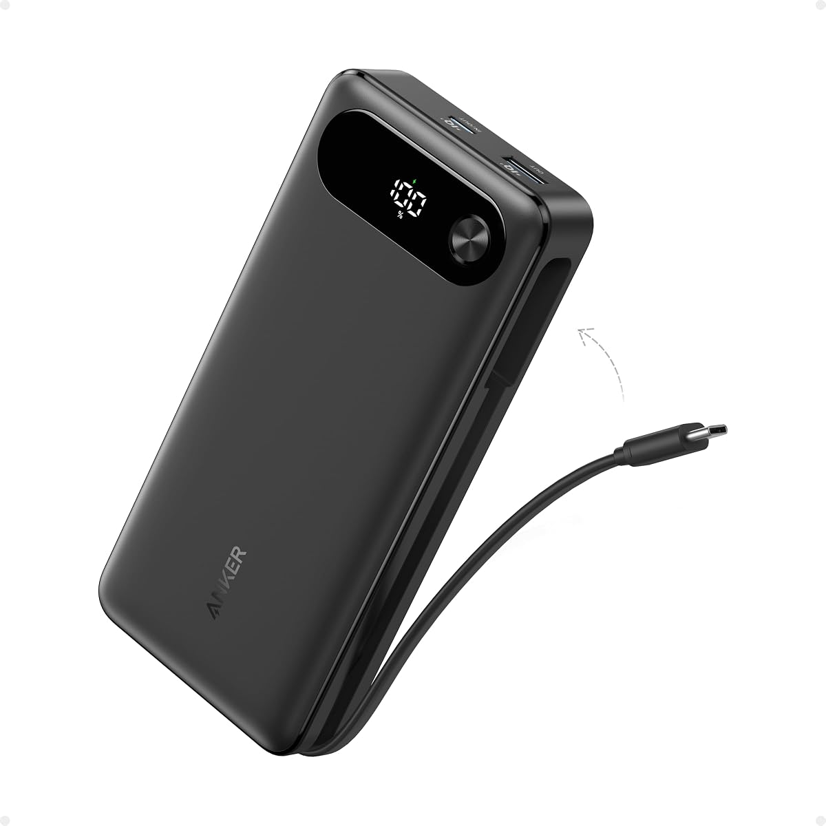 Anker Power Bank, cargador portátil esencial de viaje de 20,000 mAh con cable USB-C integrado, paquete de batería de carga rápida de 3 puertos de 87 W máximo, para MacBook, iPhone