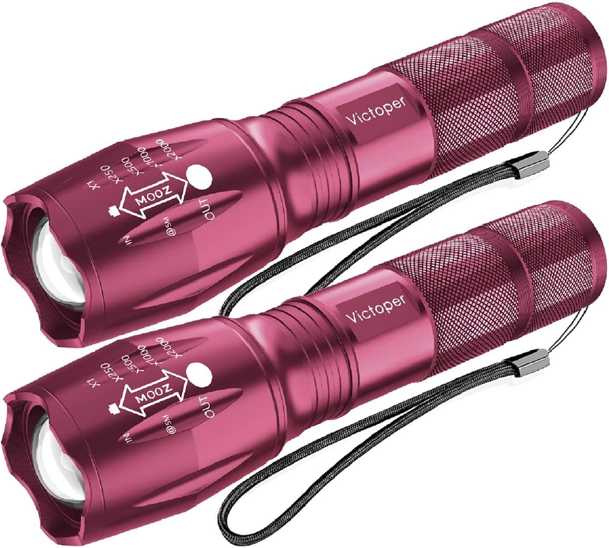 Victoper Paquete de 2 linternas LED rosas, brillantes de alto lúmenes, tácticas, de alto lúmenes con 5 modos, luz de flash impermeable con zoom para exteriores, regalos para caza,