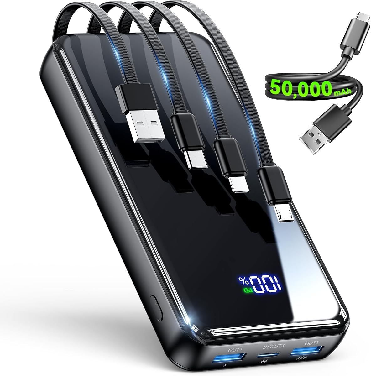Cargador portátil, cargador de batería de 50000 mAh, cable integrado, 22.5 W PD USB C de entrada y salida de carga rápida, batería externa con 6 salidas y 2 entradas, cargador de t
