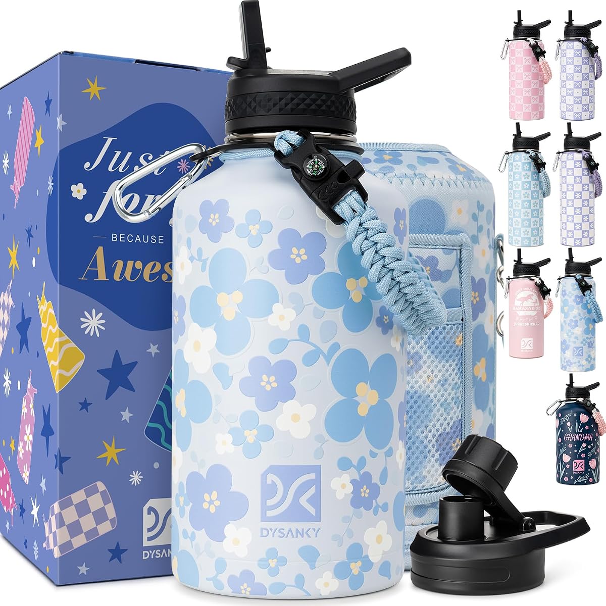 DYSANKY Botella de agua para regalo, botella de acero inoxidable aislada de 64 onzas con bolsa de transporte, correa y caja de regalo, sin BPA, ideal para senderismo, campamento y
