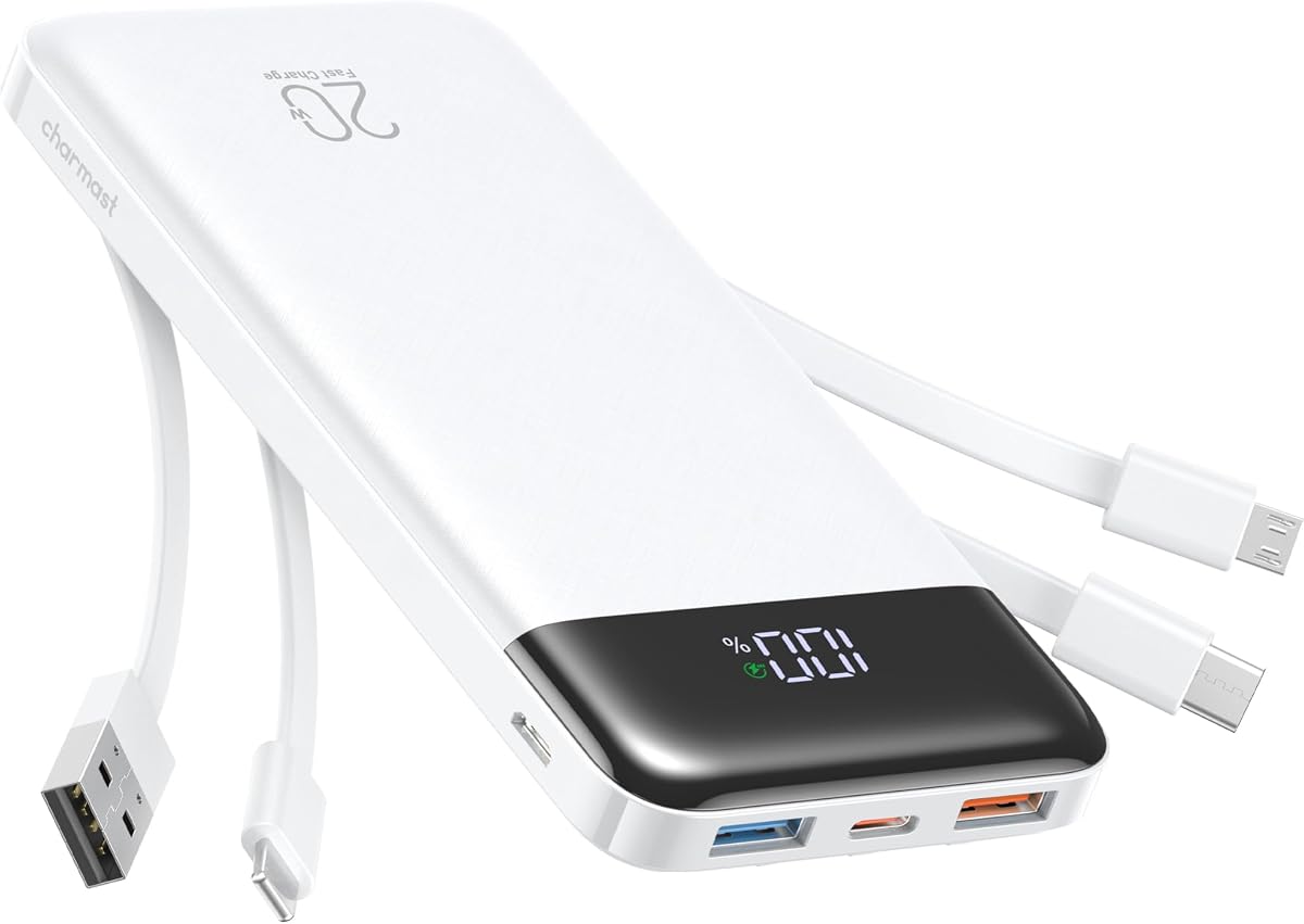 Charmast Cargador portátil de 20000mAh con cables incorporados, banco de energía de 22.5W para viajes con carga rápida, paquete de batería para celular USB C para iPhone serie 16/1