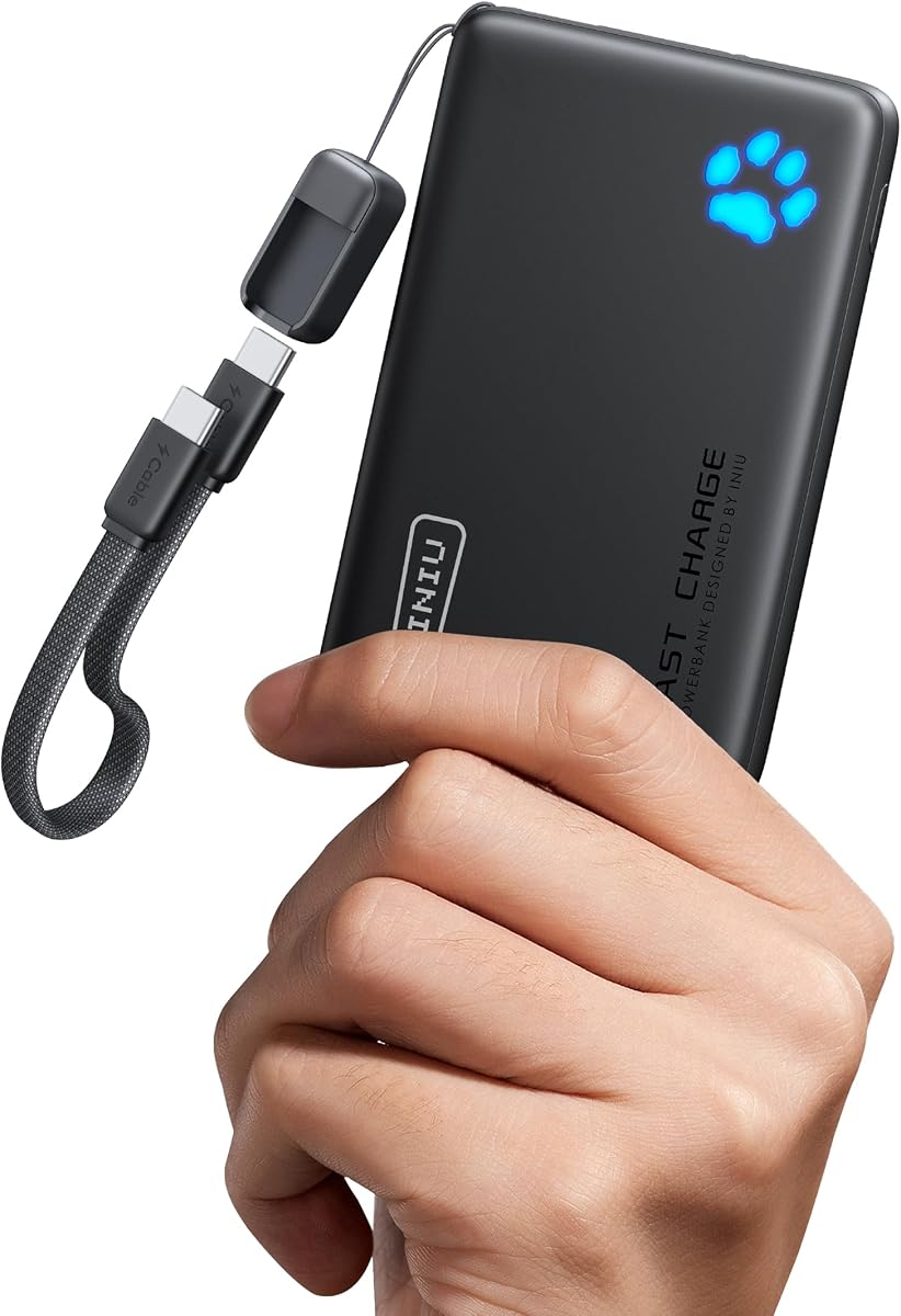 INIU Cargador portátil, ultra delgado de 45W de carga rápida con cable USB C adjunto, batería de power bank PD de 10000mAh segura para vuelos, powerbank esencial para teléfonos en