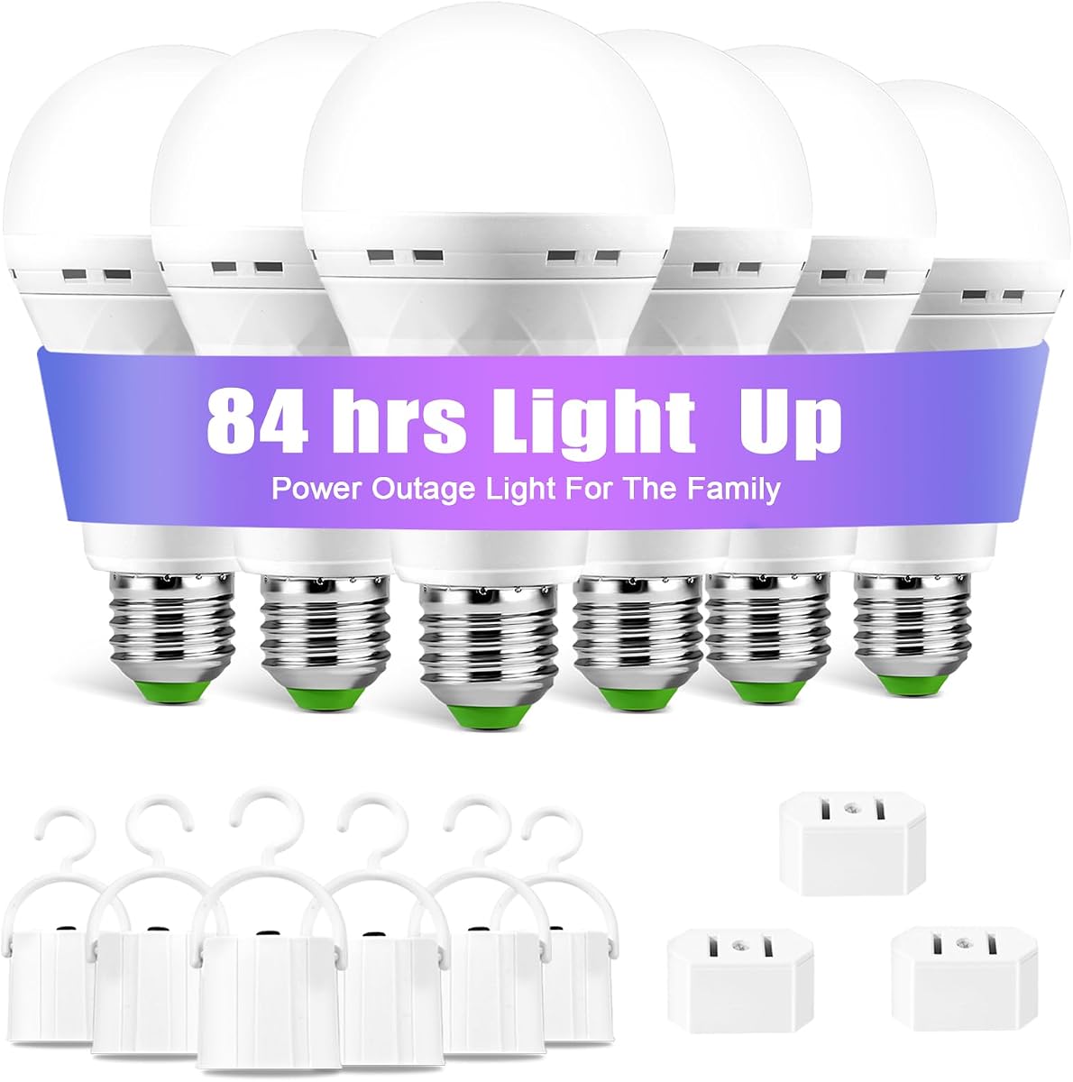 Bombilla recargable de emergencia, bombilla con pilas - Stay Lights Up When Power Failure 1500mAh 12W 60W Equivalent LED Light Bulbs for Home(E27, with Hook,with Plug Cap) 6 Pack