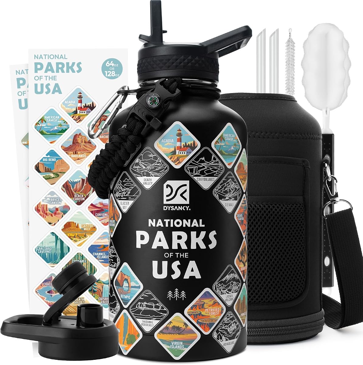 DYSANKY National Parks Botella de Agua – Botella de agua aislada de acero inoxidable de 64 onzas con 63 calcomanías de parque dibujadas a mano, bolsa de transporte, correa y caja d